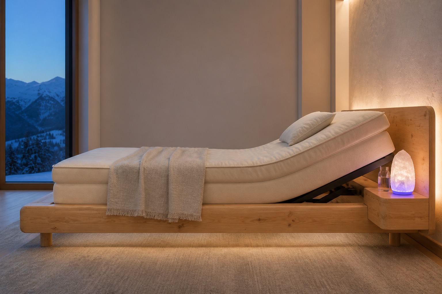 Empty DreamBed with the head section raised by a concealed adjustable base