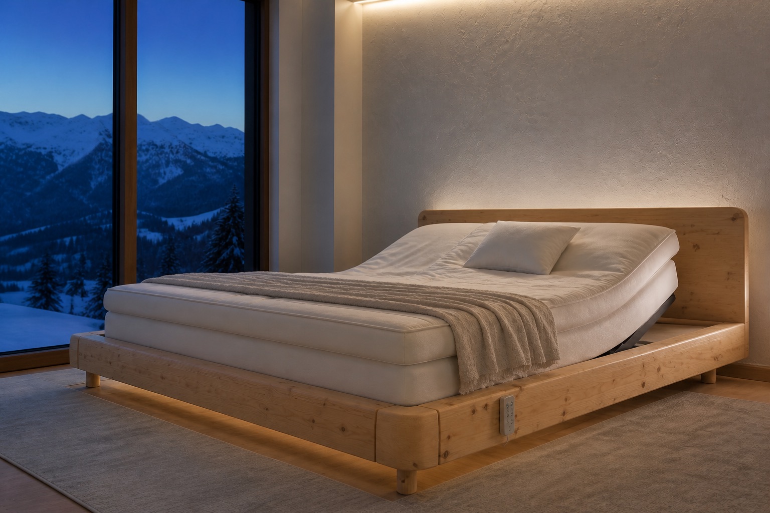 Swiss stone pine DreamBed in a calm alpine bedroom at blue hour