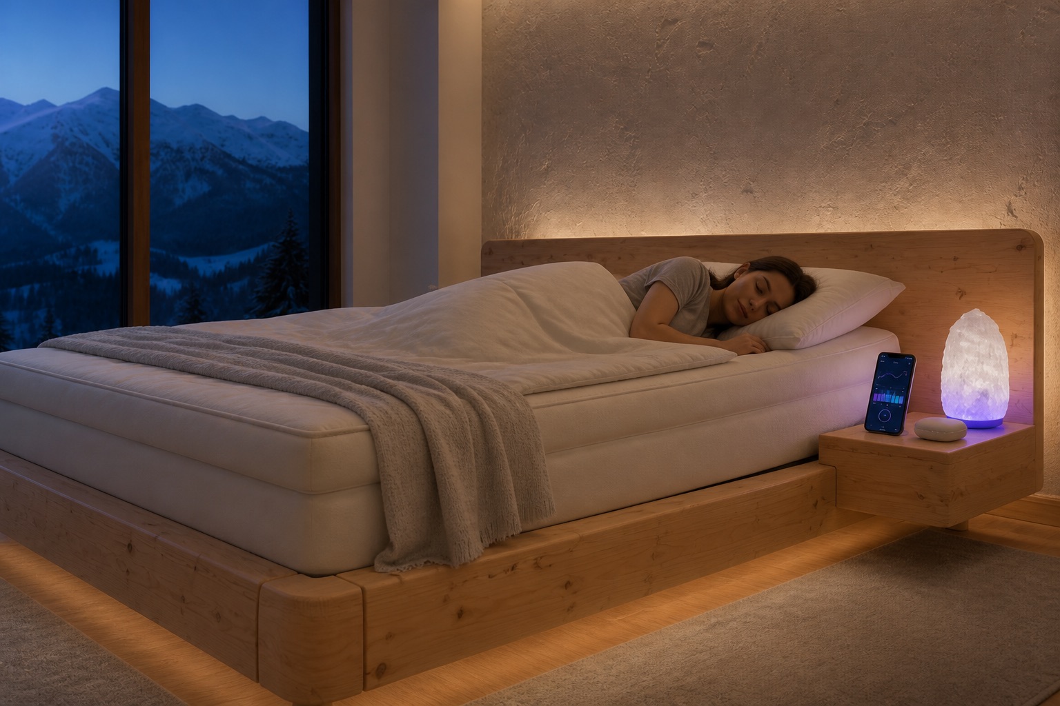 DreamBed beside a phone and DreamBuds case on a Swiss pine nightstand