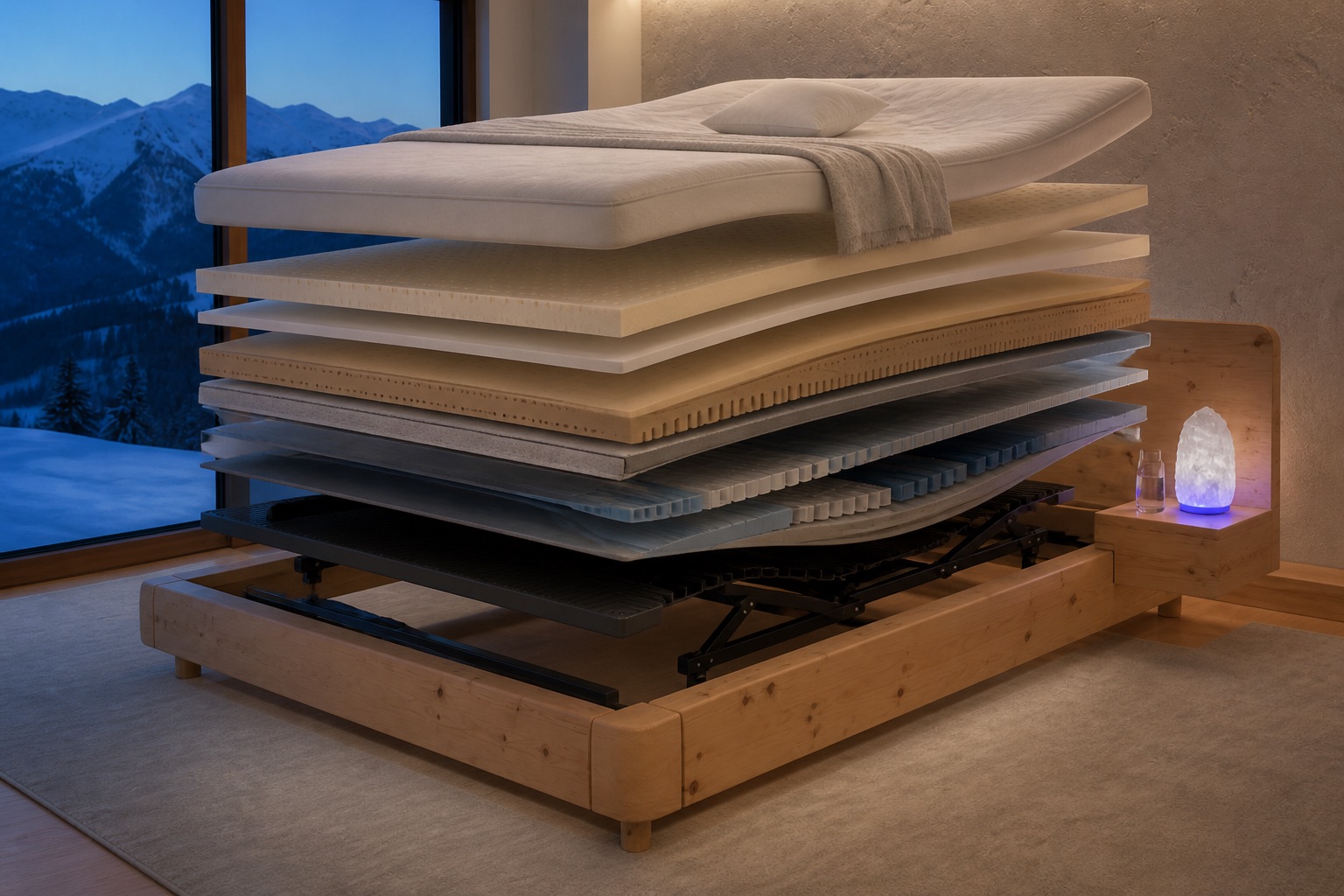 Exploded DreamBed layers from textile cover to adjustable base