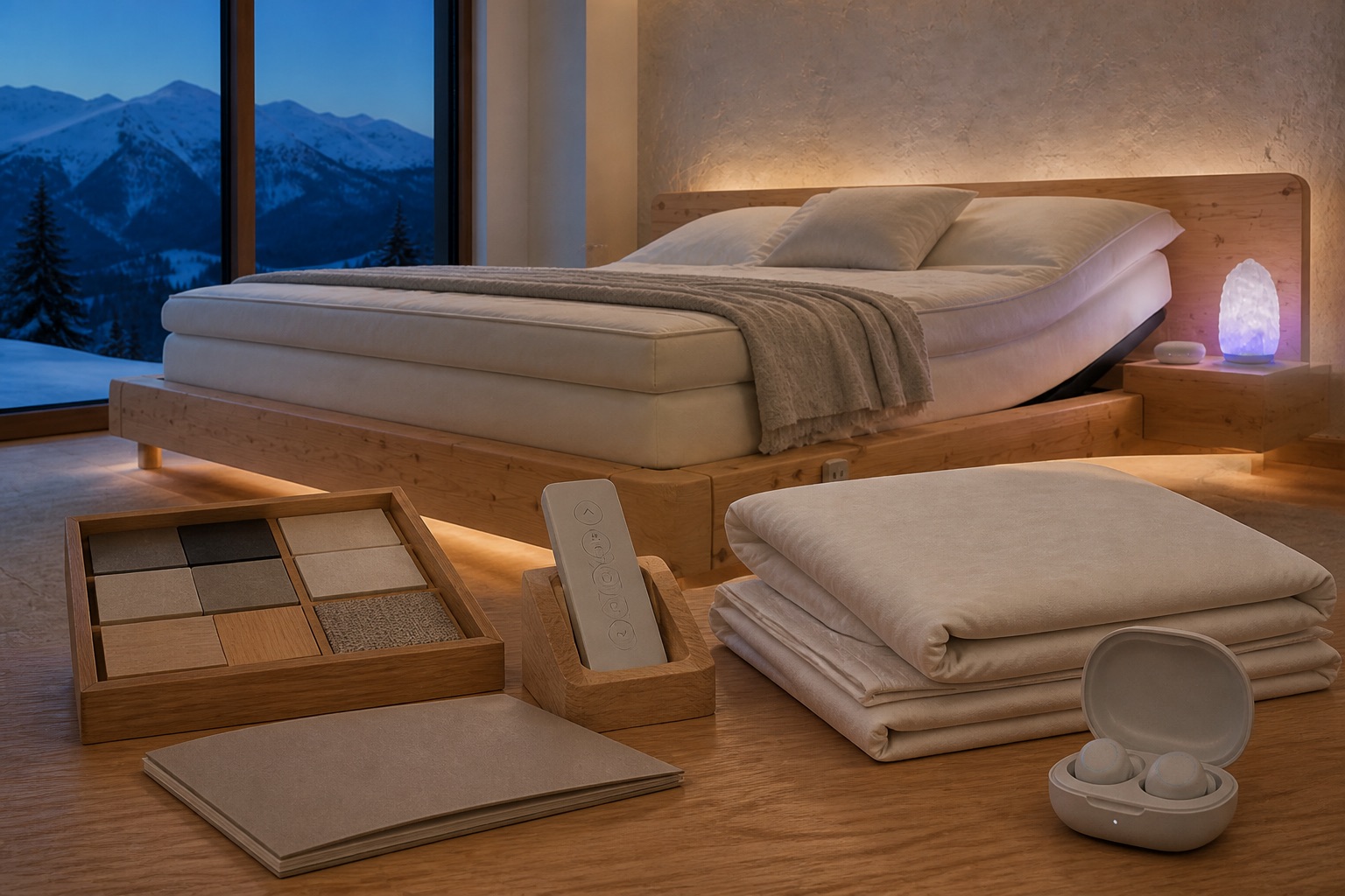 DreamBed founder-system still life with controller, samples, and DreamBuds case