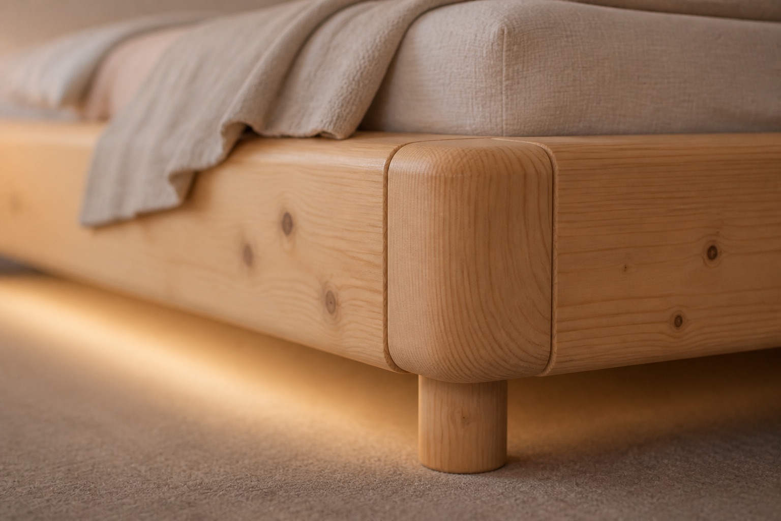 Rounded Swiss stone pine corner joinery on the DreamBed frame