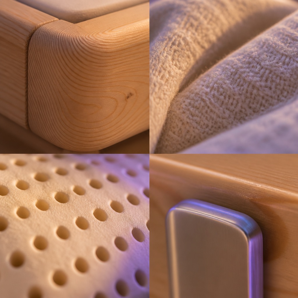 Macro study of pine grain, linen, latex cells, and satin metal