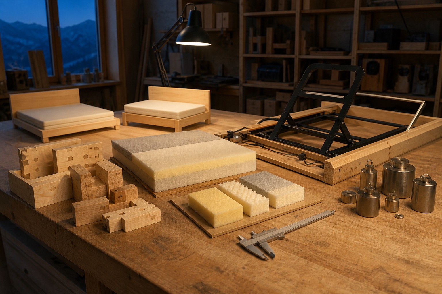 Workshop bench with DreamBed scale models, foam samples, and a lift jig