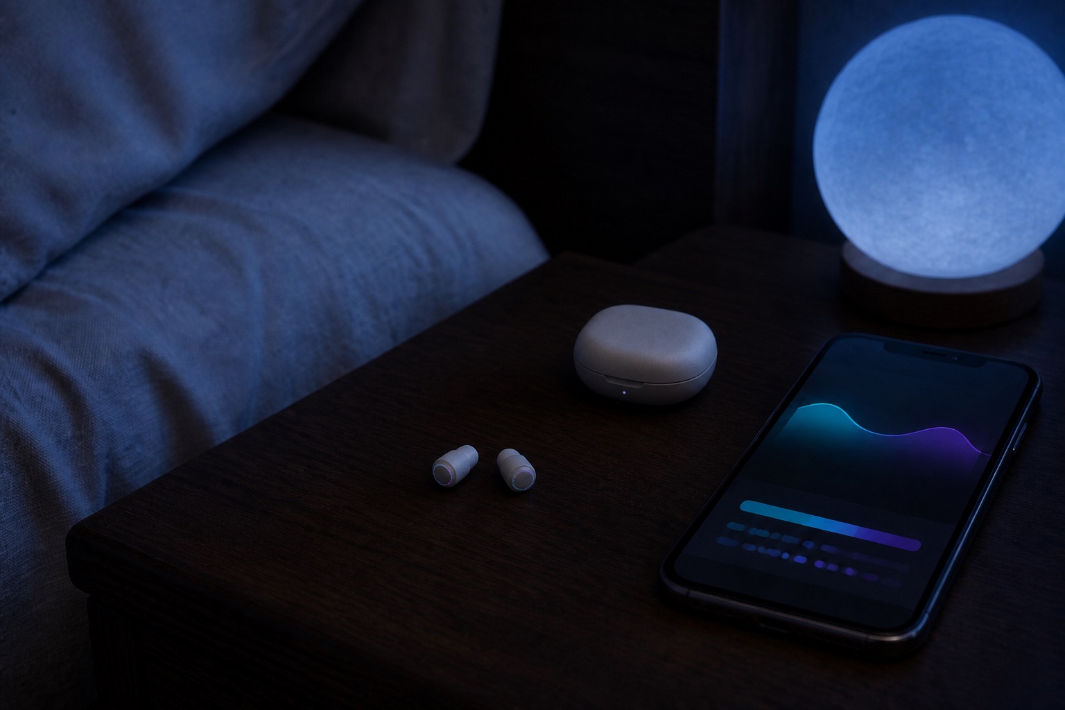 DreamBuds beside a phone showing an abstract sleep timeline