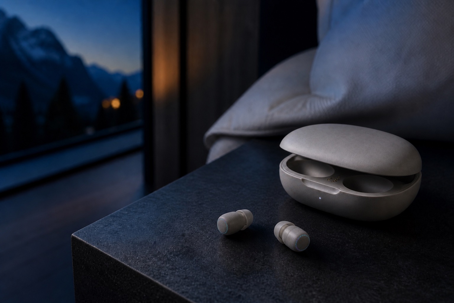 Moonstone DreamBuds and charging case in an alpine bedroom at blue hour
