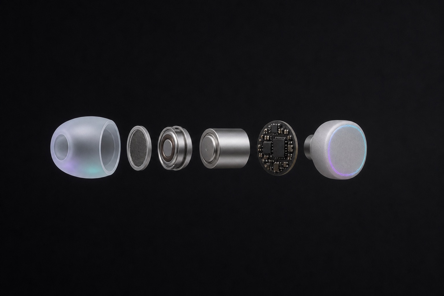 Exploded concept of DreamBuds acoustic and electronic layers