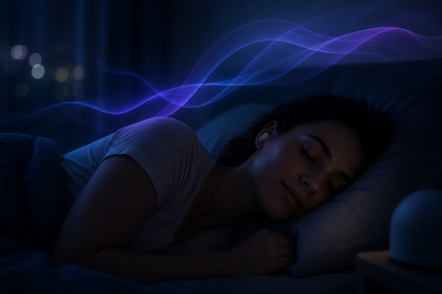 Sleeper beneath an abstract violet night-stage ribbon