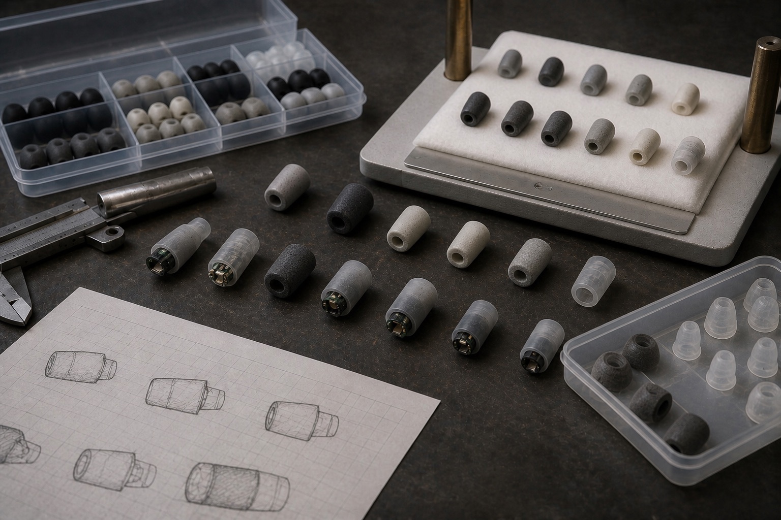 DreamBuds form studies and pillow pressure fixture in a workshop