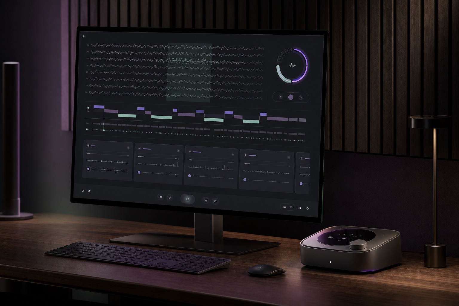 DreamMaschine desktop console and bedside hub in a quiet home studio