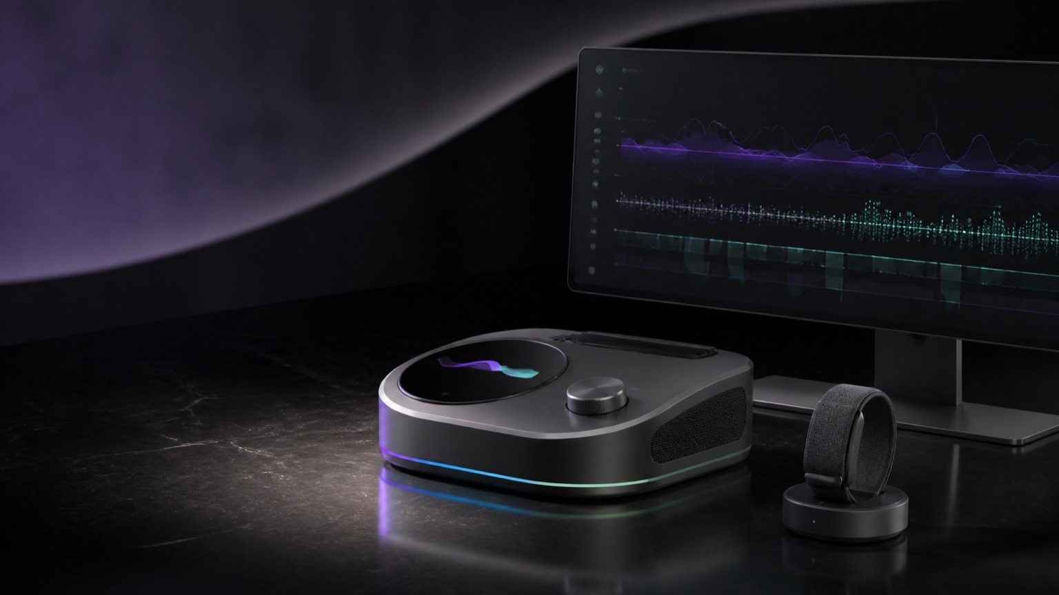 DreamMaschine bedside console, sensor band, and desktop display concept