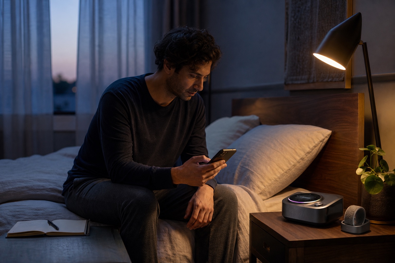 Person recording a dream memory at dawn with DreamMaschine resting on the nightstand