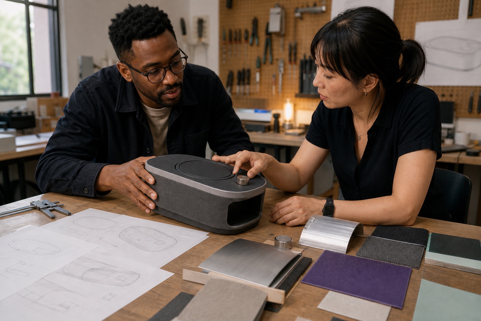 Industrial designers reviewing an early nonfunctional DreamMaschine enclosure prototype