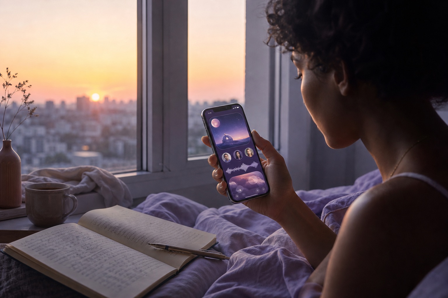 A person capturing a dream memory on their iPhone beside a journal at sunrise